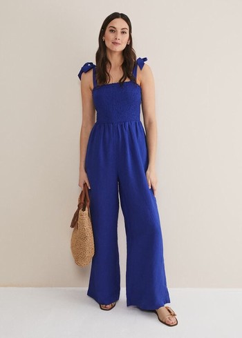 Phase Eight Ona Linen Shirred Wide Leg Jumpsuit Deep Blue Canada | XSRJYW-608